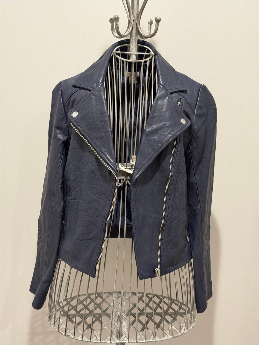 J. Crew Navy Leather Moto Jacket with Silver Hardware